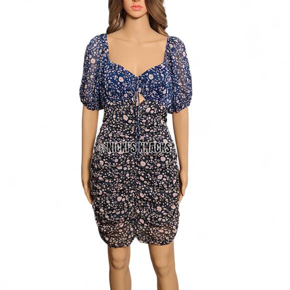 Free People x Revolve Tessa Mini Dress Cut Out Floral Print Ruched Blue Size M - Picture 2 of 11